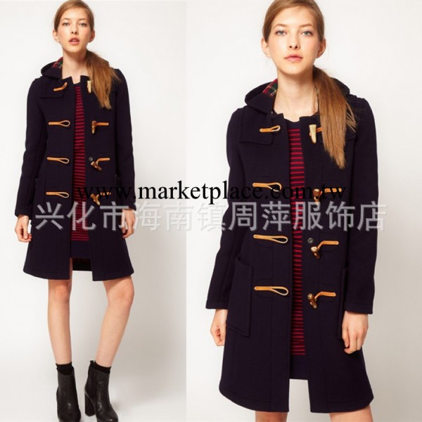 ASOS同款毛大衣女式英倫氣質牛角扣連帽中長款毛呢子大衣風衣外套工廠,批發,進口,代購