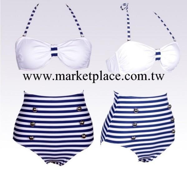 維多利亞的秘密泳衣復古高腰款女士泳衣藍白海軍風比基尼分體泳裝工廠,批發,進口,代購