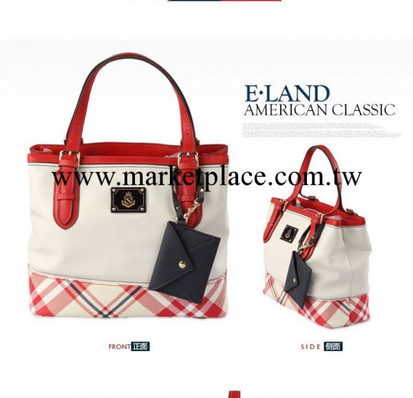 外貿ELAND韓國衣戀新品紅白格紋時尚拼接手提女水桶包EEAK2A502O工廠,批發,進口,代購