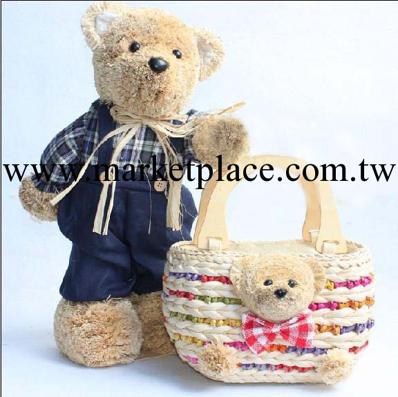 彩條小熊草編包小鼓熊沙灘包泰迪熊手拎包藤編包木柄手提包工廠,批發,進口,代購