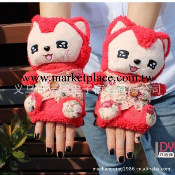 超可愛碎花紐扣衣服阿裡狗狗手套 保暖毛絨公仔手套 半截手套工廠,批發,進口,代購
