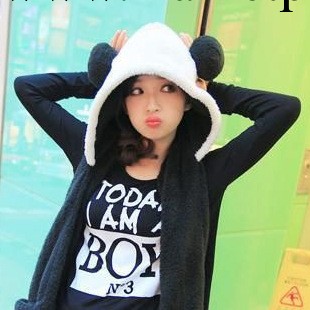 韓版 可愛熊貓毛絨保暖女 加厚連帽圍脖帽子圍巾手套一體套裝潮批批發・進口・工廠・代買・代購