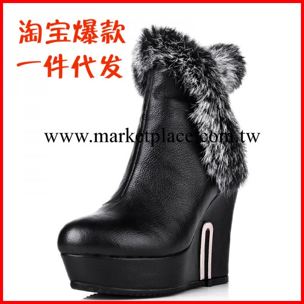 秋冬季新款兔毛真皮高跟坡跟女士短靴子時尚歐美加絨女靴一件代發工廠,批發,進口,代購