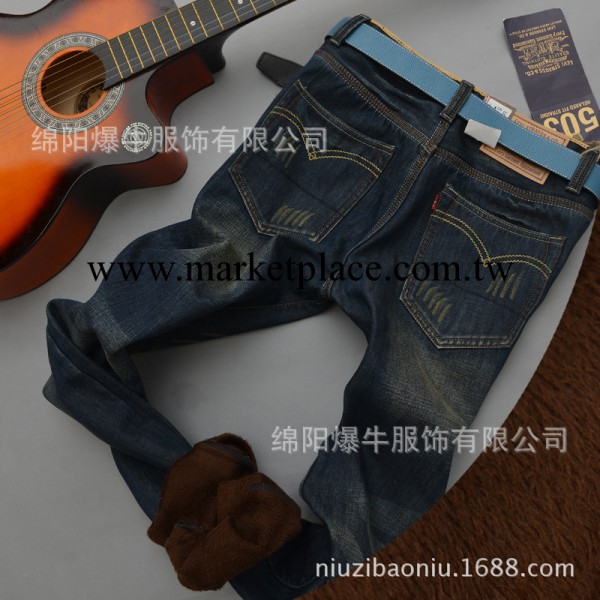 秋冬新款男裝男士牛仔褲加絨加厚韓版潮貓須直筒修身牛仔褲087工廠,批發,進口,代購