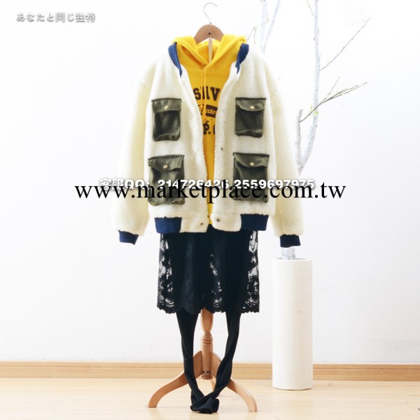 秋冬裝新款 韓版復古風工裝口袋拼色立領毛絨羊羔絨棉衣外套皮草工廠,批發,進口,代購