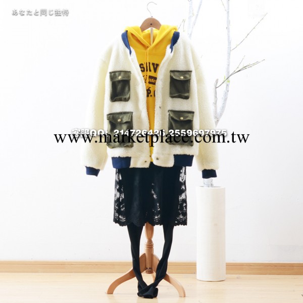 秋冬裝新款 韓版復古風工裝口袋拼色立領毛絨羊羔絨棉衣外套皮草工廠,批發,進口,代購