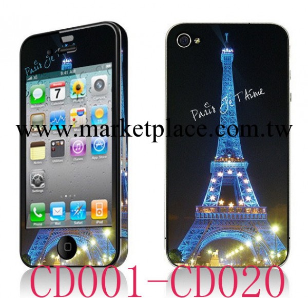 iPhone4s彩膜 蘋果4卡通帶邊貼貼膜 四代浮雕夜光膜  手機保護膜工廠,批發,進口,代購