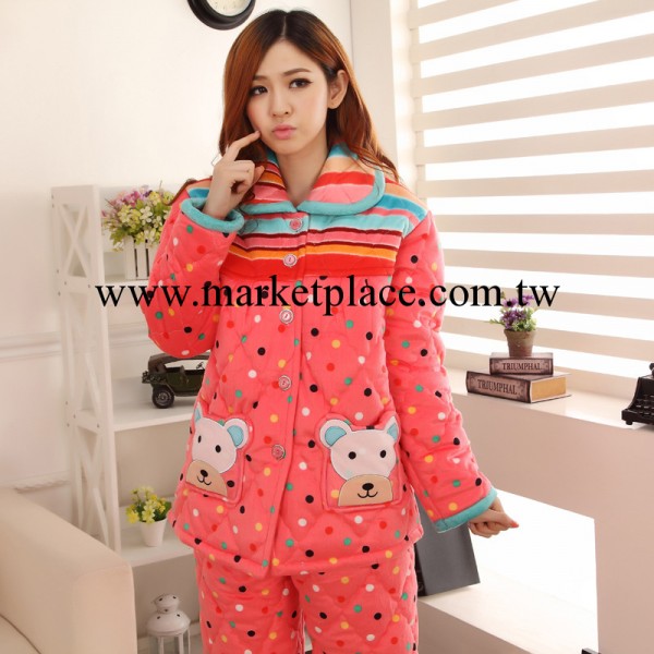 好情感 冬季彩色圓點加厚珊瑚絨夾棉睡衣女士保暖傢居服套裝批發・進口・工廠・代買・代購