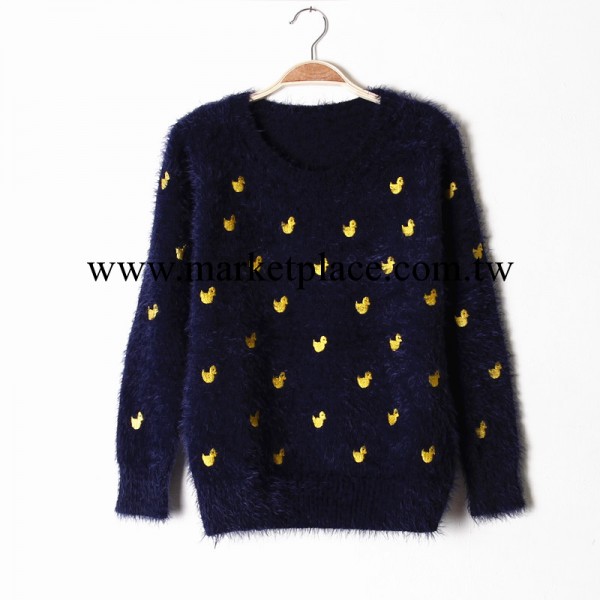 2013冬 韓國 超舒服刺繡小黃鴨毛茸套頭圓領長袖打底修身毛衣女工廠,批發,進口,代購