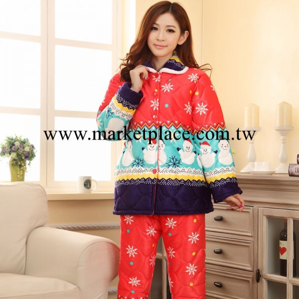 睡衣批發 女式冬季三層超柔加厚夾棉堆雪人長款傢居服套裝工廠,批發,進口,代購