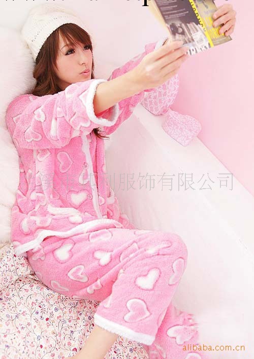 批發一件代發女士清純提花粉紅桃心珊瑚絨睡衣套裝傢居服工廠,批發,進口,代購