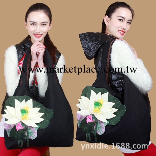 混批 民族風原創設計 純麻立體貼佈繡花荷花單肩包 休閒女包 佈包工廠,批發,進口,代購