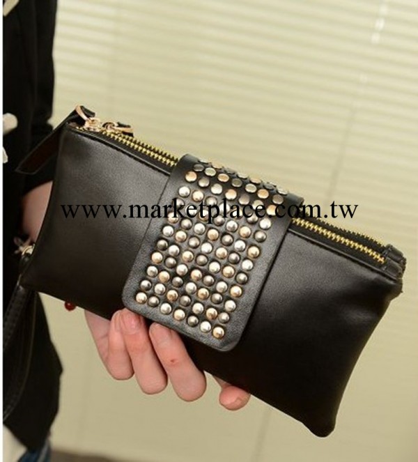 錢包2013新款女包韓版長款朋克鉚釘女士錢包雙拉鏈潮包手拿包工廠,批發,進口,代購