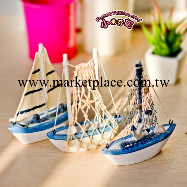 地中海風格 迷你形藍白帆船模型 實木手工一帆風順擺件 拍攝道具批發・進口・工廠・代買・代購