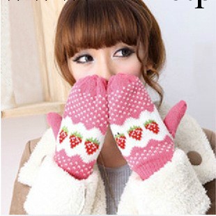 韓版女士可愛草莓手套 秋冬保暖全指手套 加厚毛線針織手套 批發批發・進口・工廠・代買・代購