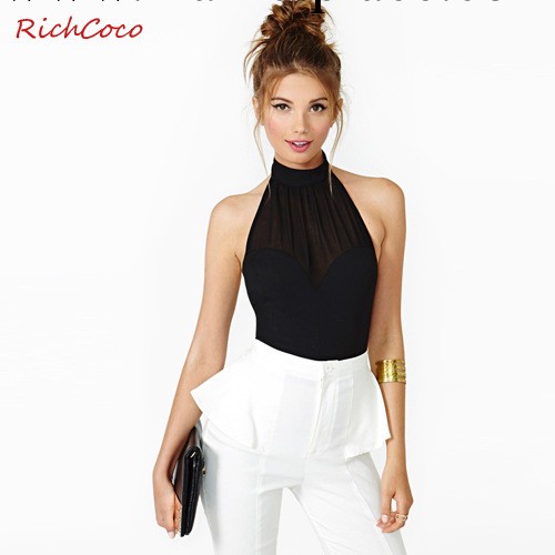 RICHCOCO歐美時尚雪紡拼接後背拉鏈露背裹胸高領掛脖背心包郵D207工廠,批發,進口,代購