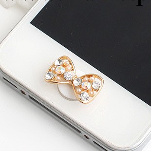 【S0503】鍍真金鑲嵌彩鉆珍珠蝴蝶結iphone按鍵home貼工廠,批發,進口,代購