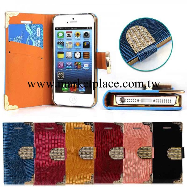 韓國奢華鑲鉆 蘋果iphone5蜥蜴紋皮套 5S手機殼 左右翻保護套工廠,批發,進口,代購