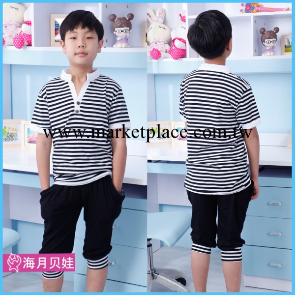 海月貝娃2013夏季新款 韓版哈倫條紋短袖男女童套裝中大童裝 童服工廠,批發,進口,代購