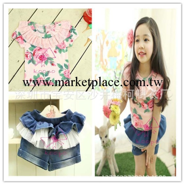 童裝外貿批發 夏季新款女童花朵短t+牛仔裙褲套裝 girl suit工廠,批發,進口,代購