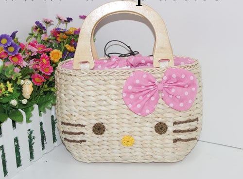 貿易 草編包 藤編包Hello kitty卡通蝴蝶結貓頭手提包 草編包工廠,批發,進口,代購