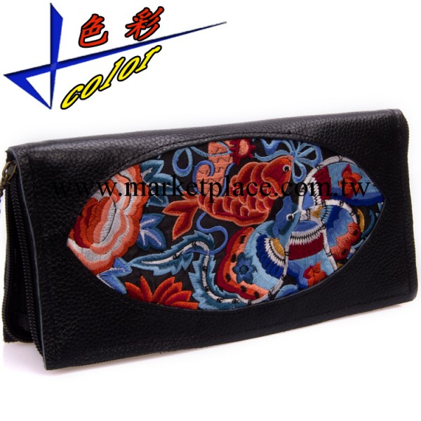 新款民族風中國風繡花刺繡牛皮錢包 手拿包 長款錢夾 小商品批發工廠,批發,進口,代購