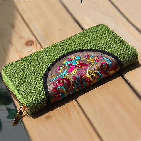 1999#苗繡花粗麻手拿包 手抓包 男女中性長款錢包 手包 綠色錢夾工廠,批發,進口,代購