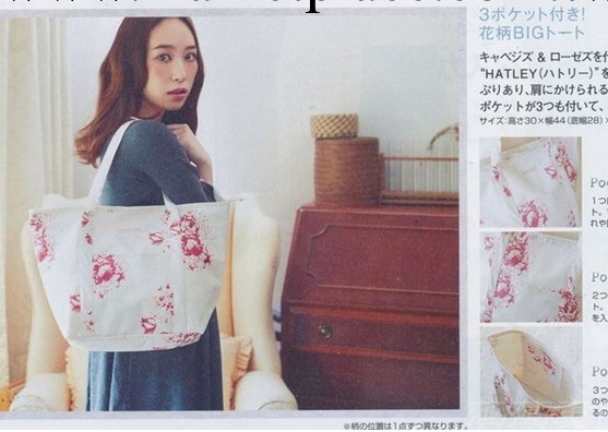 日雜Spring附錄 清爽米白調素雅紅花大容量手提單肩包 環保袋B14#工廠,批發,進口,代購