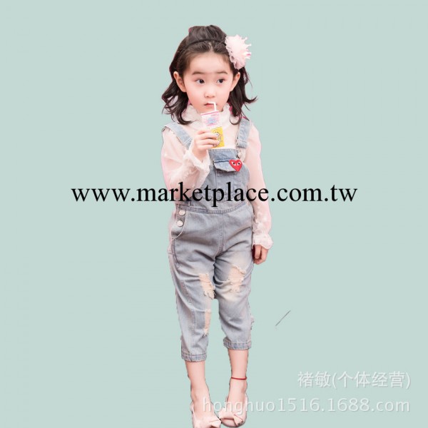 韓版精品童裝 春季童褲 女童水洗破洞牛仔背帶九分褲 暢銷款工廠,批發,進口,代購