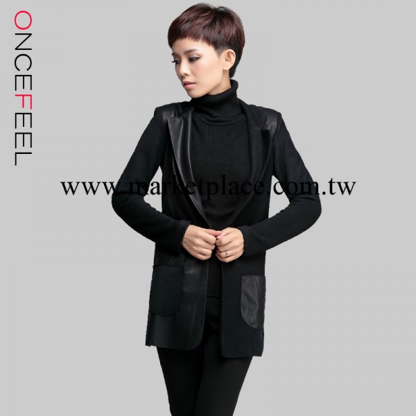 OnceFeel秋冬高端 休閒女裝 拼皮一粒扣女式小西裝風衣外套#095工廠,批發,進口,代購