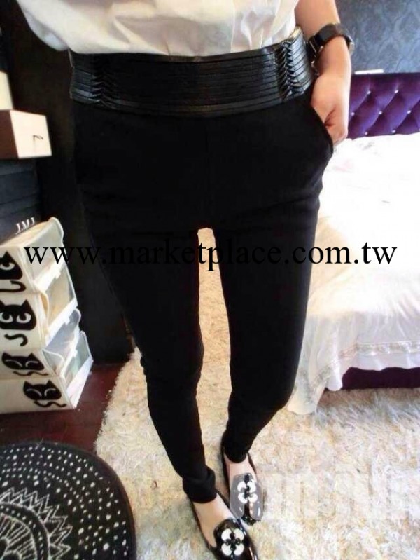 韓版女褲拼皮高腰彈力小腳褲黑色修身鉛筆褲顯瘦加絨內搭褲批發工廠,批發,進口,代購