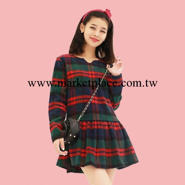 13秋冬新款韓版女裝經典優雅格紋修身長袖毛呢公主連衣裙現貨J109工廠,批發,進口,代購