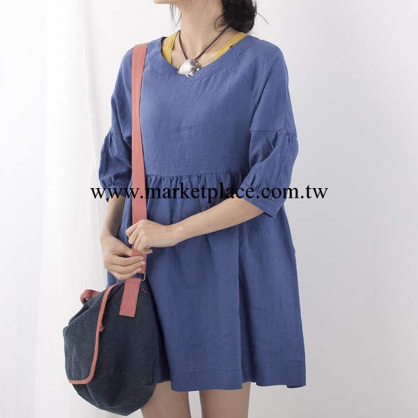 2014春夏裝新款原創棉麻女裝森林日系 七分袖寬松亞麻連衣裙591工廠,批發,進口,代購
