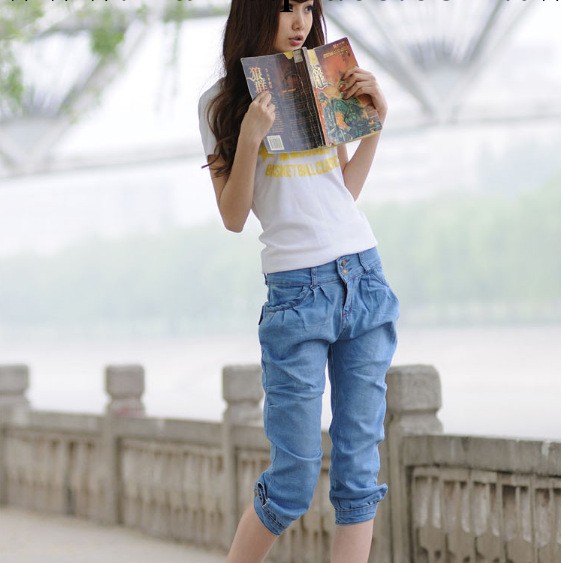 廠傢直銷2013春夏新款韓版彈力哈倫牛仔七分女褲時尚休閒寬松馬褲工廠,批發,進口,代購
