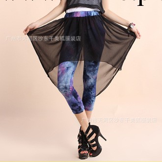 T6022#歐美風格潮人時尚小腳褲絲光棉雜染拼雪紡七分休閒女褲工廠,批發,進口,代購