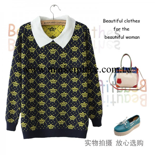 韓版女裝 春秋時尚爆款 女式 皇冠點點圖案小翻領針織衫20-1165工廠,批發,進口,代購