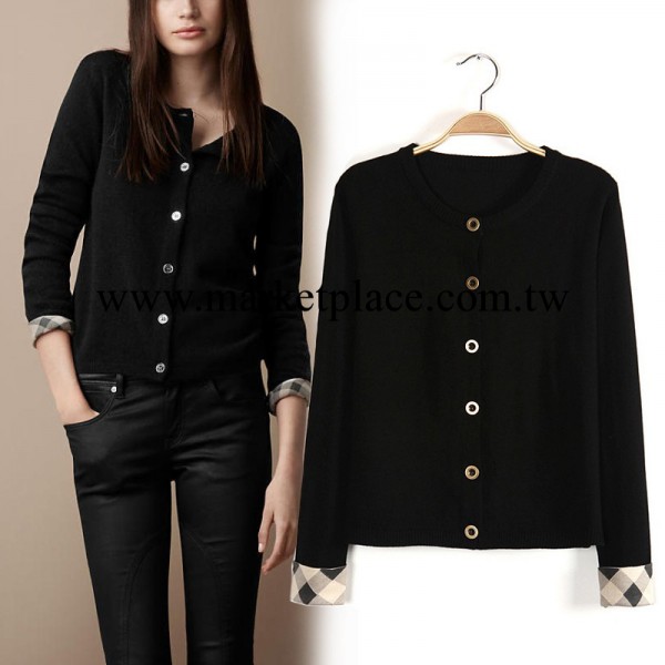 2014早春新款歐美專櫃同款格紋袖口女式針織開衫 毛衣 批發工廠,批發,進口,代購