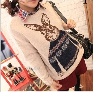 2013秋季女韓版可愛兔子圖案百搭圓領休閒寬松女式毛衣針織衫工廠,批發,進口,代購