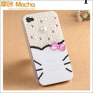 白色滿珍珠 黑鉆KT貓燙金iphone4s保護殼 蘋果手機套工廠,批發,進口,代購