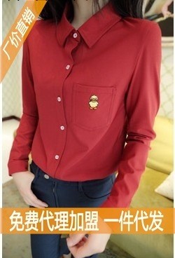 百搭襯衣小黃鴨色2014春季 純翻領韓版直筒地攤女裝1317 繡花女式工廠,批發,進口,代購