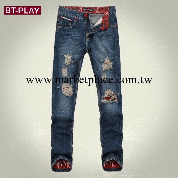 BT-PLAY秋冬男式牛仔褲 修身直筒牛仔褲 時尚翻邊破洞牛仔褲 L109工廠,批發,進口,代購
