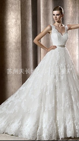 拉鏈設計珠鉆點綴完美版前短後長式抹胸雙肩車骨蕾絲婚紗工廠,批發,進口,代購