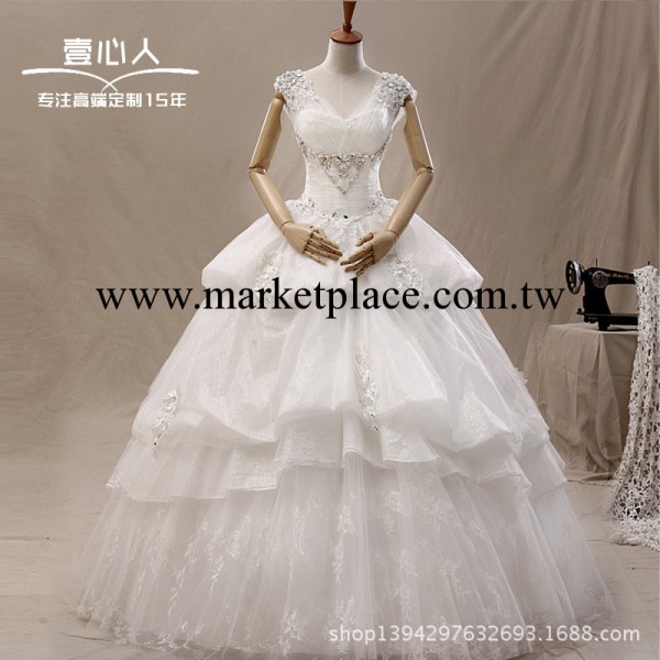 韓版包肩齊地婚紗 新款2014婚紗 新娘V領雙肩蕾絲齊地綁帶婚紗工廠,批發,進口,代購