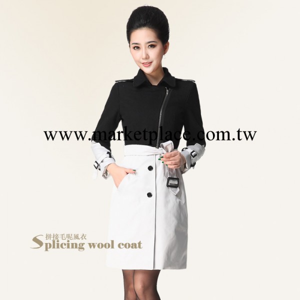 2014春季長款毛呢女式外套歐美T臺走秀撞色修身風衣品牌女裝特價工廠,批發,進口,代購