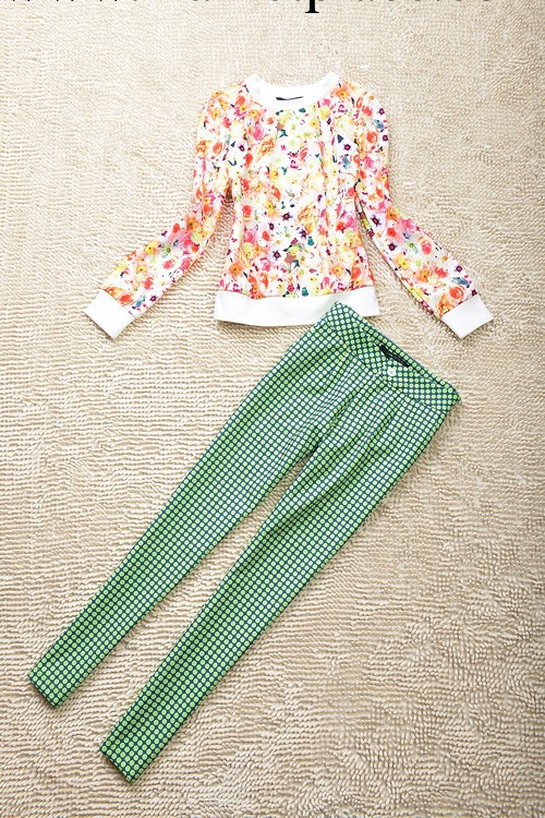 外貿女裝 歐美模特花上衣+綠褲子兩件套 美爆 Y82A8批發・進口・工廠・代買・代購