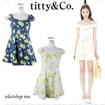 vivi2月titty&co甜美碎花花柄檸檬一字領露肩吊帶連衣裙工廠,批發,進口,代購