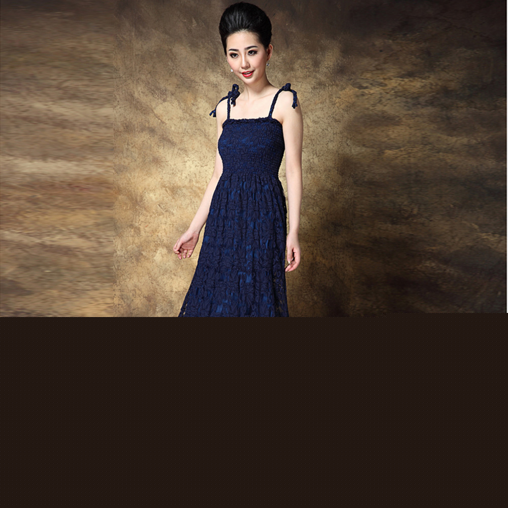 2014歐洲站春夏季新款女裝 藍色蕾絲鏤空花吊帶連衣裙 氣質長裙工廠,批發,進口,代購