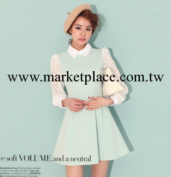 2014韓版女裝明星同款 時尚翻領 蕾絲拼接女式連衣裙工廠,批發,進口,代購