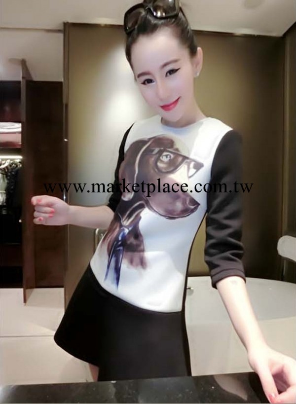 2014春新款 歐美大牌女裝圓領動物狗狗圖案荷葉邊裙擺 打底連衣裙工廠,批發,進口,代購
