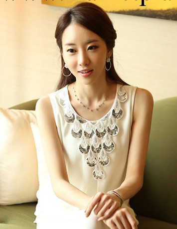 韓國代購2014女裝新款無袖背心吊帶打底衫褶皺亮片雪紡衫批發・進口・工廠・代買・代購